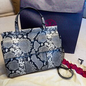 Tory Burch Black and Gray Snake Print Satchel